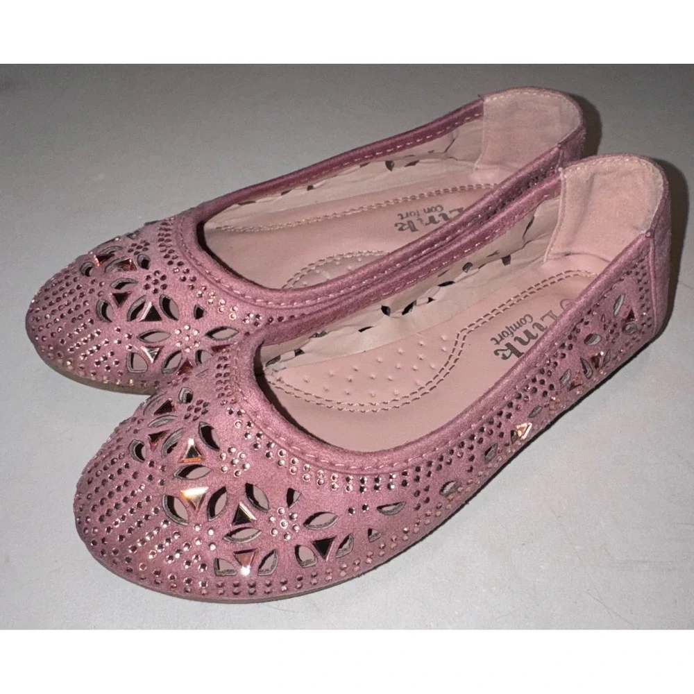 Link Comfort Girl's Pink Rhinestone Laser Cut Floral Ballet Dress Flats Size 12